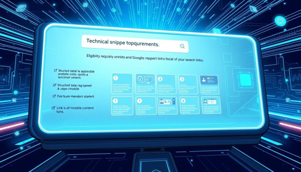 A high-tech, futuristic digital interface depicting the technical requirements for snippet eligibility and supporting links. In the foreground, a sleek, minimalist display shows various eligibility criteria like structured data, page speed, and mobile-friendliness, with clean, holographic icons. The middle ground features a grid of clickable thumbnail links, each representing a different type of supporting content that could be featured. The background is a dynamic, data-driven landscape of lines, nodes, and glowing panels, evoking the AI-driven nature of Google's search engine. The scene is lit by cool, bluish tones, creating a sense of precision and innovation. The overall impression is one of a sophisticated, data-driven system for optimizing content visibility in search results.