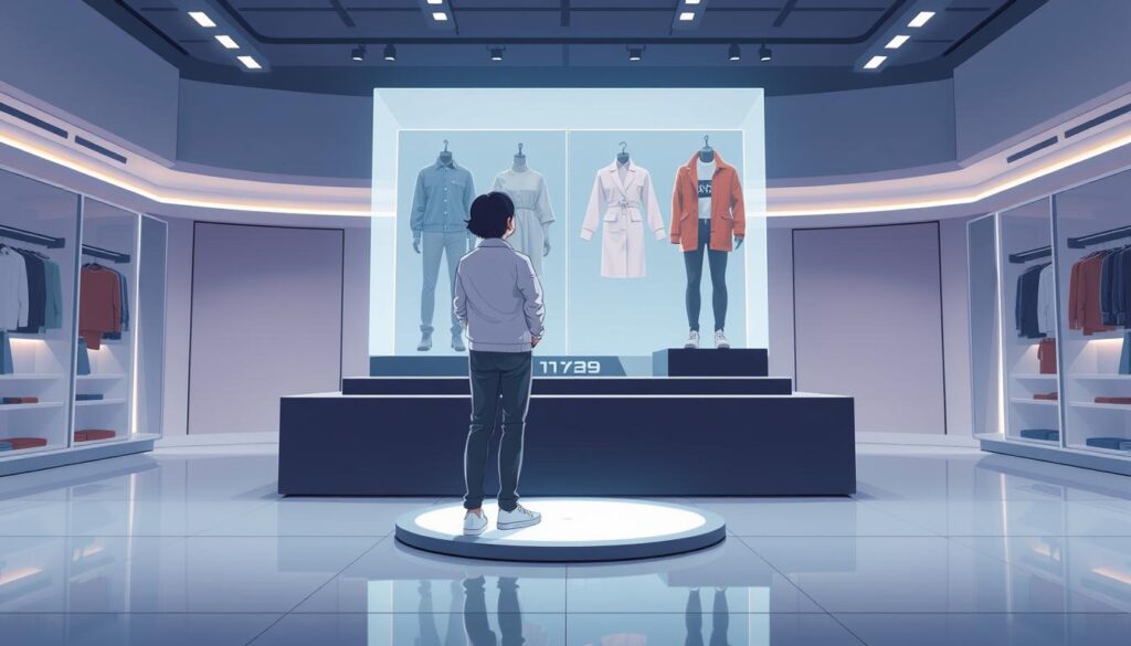 A high-tech, immersive virtual clothing try-on experience set in a sleek, minimalist retail environment. In the foreground, a person stands in front of a large, holographic display, seamlessly overlaying stylish outfits onto their body. The middle ground features a high-tech podium with integrated motion sensors, cameras, and advanced software, enabling fluid, real-time interactions. The background is a clean, modern space with subtle lighting accents, hinting at the cutting-edge nature of the technology. The overall atmosphere conveys a sense of innovation, convenience, and a seamless fusion of the physical and digital realms, perfectly capturing the essence of "Augmented Reality shopping: Quick Wins, KPIs, and Tech Stack".
