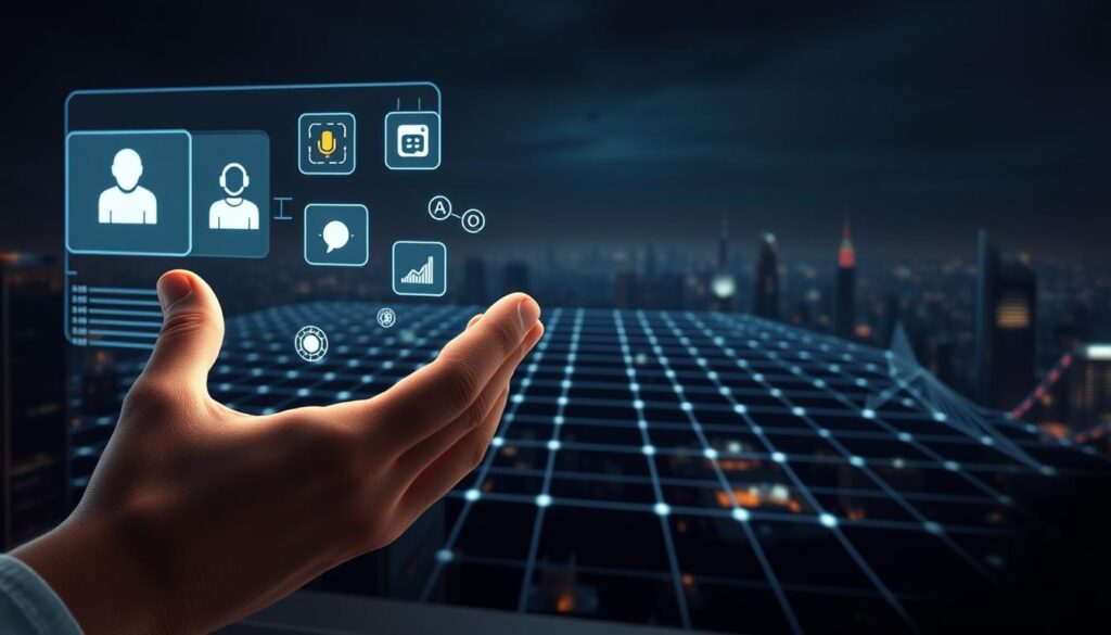 A high-tech visualization of voice-controlled visual search, showcasing a seamless interaction between voice commands and on-screen digital elements. In the foreground, a hand gesture activates a voice-responsive interface, with holographic icons and data visualizations floating in a sleek, minimalist display. The middle ground features an abstract 3D grid of interconnected nodes, representing the complex algorithms powering the voice-visual search capabilities. The background depicts a futuristic, dimly lit urban skyline, conveying a sense of technological sophistication. Cinematic lighting casts dramatic shadows, emphasizing the depth and intricacy of the scene. Captured with a wide-angle lens to capture the grandeur of the vision, this image embodies the future of optimized social content for voice and visual search.