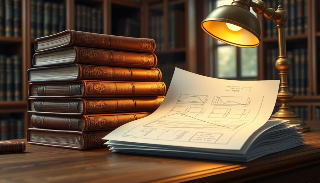 A highly detailed, photorealistic image of a stack of neatly organized books and papers, arranged on a wooden desk in a cozy, well-lit study. The books have intricate leather bindings and gold-embossed titles, conveying a sense of authority and scholarly rigor. The papers are crisp and pristine, with carefully handwritten notes and diagrams. A brass desk lamp casts a warm, focused glow, illuminating the meticulous attention to detail. The background is slightly blurred, hinting at a larger library or office space, emphasizing the importance of the subject matter. The overall mood is one of precision, accuracy, and a commitment to diligent research and intellectual integrity.