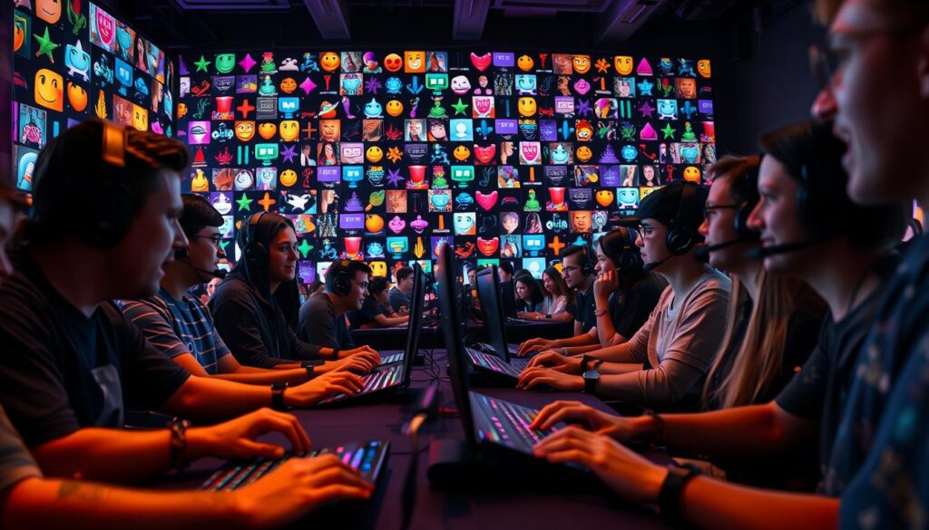 A lively Twitch streaming community engagement scene, captured in a dynamic wide-angle composition. In the foreground, a group of streamers animatedly interacting with their audience, gesturing and making eye contact. The middle ground features viewers eagerly typing on their keyboards, their faces illuminated by the glow of their screens. In the background, a vibrant mosaic of colorful emotes, animated GIFs, and live chat messages creates an energetic backdrop. The scene is bathed in a warm, inviting lighting that accentuates the sense of connection and excitement. The overall atmosphere conveys the engaging, interactive nature of a thriving Twitch community.