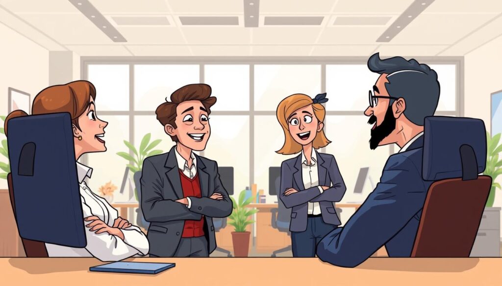 A lively office setting with two professionals engaged in a dynamic conversation. The foreground features two people facing each other, leaning in with animated expressions, conveying a sense of active listening and exchange of ideas. The middle ground showcases an open-plan workspace with minimal decor, allowing the central interaction to take center stage. In the background, a large window floods the scene with natural light, creating a bright, airy atmosphere that promotes openness and collaboration. The overall mood is one of constructive dialogue, mutual understanding, and a shared purpose driving the participants' engagement.