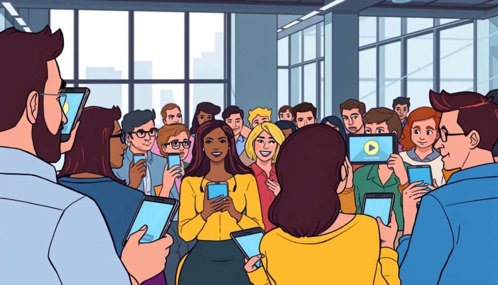 A lively, visually engaging scene of an audience captivated by a short-form video playing on various devices. In the foreground, a diverse group of people are intently watching their smartphones, tablets, and laptops, their faces illuminated by the soft glow of the screens. The middle ground features a mix of casual and professional-looking individuals, some gesturing animatedly as they discuss the content. In the background, a sleek, modern office setting with floor-to-ceiling windows provides a sophisticated backdrop, allowing natural light to flood the space. The overall atmosphere conveys a sense of energy, engagement, and the growing popularity of short-form video as a powerful communication and marketing tool.