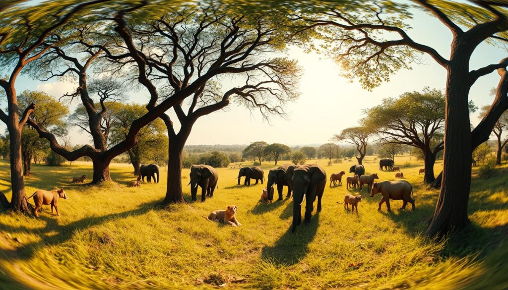 A lush, immersive 360-degree safari landscape in Virry VR's Lewa Conservancy. Towering acacia trees cast dramatic shadows across the sun-dappled grasslands, where a herd of majestic elephants graze peacefully. In the distance, a pride of lions rests in the shade, their tawny coats reflecting the warm, golden light. The camera captures this serene scene with a wide, cinematic lens, enveloping the viewer in the sights and sounds of the African wilderness. The atmosphere is one of tranquility and wonder, inviting the viewer to fully immerse themselves in this breathtaking virtual reality experience.