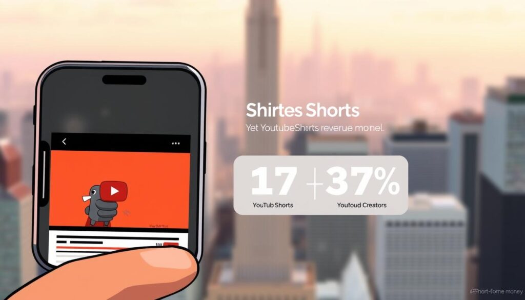 A meticulously composed illustration of the YouTube Shorts revenue sharing model. In the foreground, a smartphone displaying a YouTube Shorts video with a vibrant, eye-catching thumbnail. The middle ground features a clean, minimalist infographic detailing the revenue split between creators and the platform, rendered in a sleek, data-driven style. The background is a soft, blurred cityscape, subtly hinting at the broader digital economy in which this monetization model operates. The overall tone is one of clarity, professionalism, and the empowerment of online creators, capturing the essence of the "Short-form money" section.
