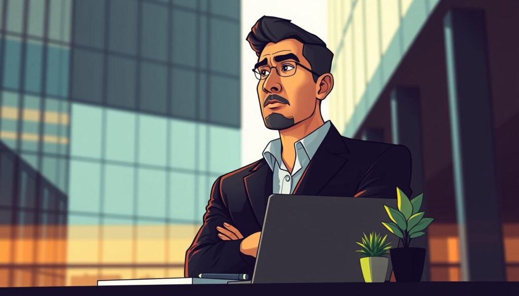 A meticulously crafted, high-contrast portrait of a thoughtful and focused business leader, standing tall against a backdrop of sleek, minimalist architecture. Warm, directional lighting illuminates their face, casting dramatic shadows that accentuate their determined expression. The subject's gaze is unwavering, radiating an aura of authority and expertise. In the foreground, a desktop workspace featuring a laptop, a pen, and a small potted plant, symbolizing the intersection of strategic thinking and practical execution. The overall composition conveys a sense of confidence, professionalism, and a strong command of the subject matter.