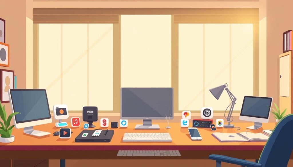 A meticulously crafted office desktop, bathed in warm, diffused lighting from a large window. On the surface, an array of sleek, modern content curation tools - stylish desktop applications, mobile apps, and web-based platforms, each represented by a distinct icon or miniature interface. The background features a minimal, minimalist palette, allowing the tools to take center stage. The overall atmosphere conveys a sense of productivity, curation, and exploration, hinting at the diverse possibilities these tools offer for organizing and sharing digital content.