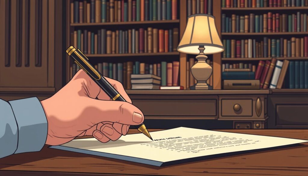 A meticulously detailed illustration of ethical content curation, featuring a beautifully composed scene. In the foreground, a graceful hand holding a pen delicately inscribes source attribution on a crisp, off-white document. The middle ground showcases a vintage wooden desk, adorned with a lamp casting a warm, focused glow. In the background, a wall of bookshelves provides a refined, intellectual backdrop, hinting at the importance of context and credibility. The overall mood is one of thoughtfulness, professionalism, and a reverence for ethical practices in the digital landscape.