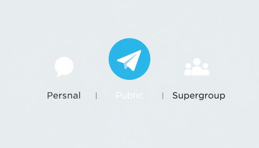 A minimalist, vector-style illustration depicting three Telegram channel types - Personal, Public, and Supergroup. The channels are represented by simple geometric shapes in a clean, modern design. The foreground features the three channel types arranged in a grid, with each channel type denoted by a distinct color and shape. The middle ground shows a faint Telegram logo in the background, providing context. The overall mood is one of clarity, simplicity, and visual hierarchy, allowing the key information about Telegram channel types to be easily conveyed.