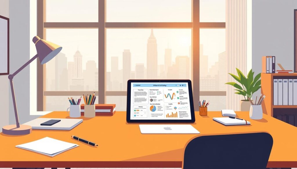 A minimalist, well-lit office setting with a mid-century modern desk, a laptop, and various stationery items arranged neatly. On the desk, a tablet displays a detailed plan for an influencer marketing strategy, with charts, graphs, and key metrics. The background features a large window overlooking a bustling city skyline, bathed in soft, warm lighting. The overall atmosphere conveys a sense of focus, organization, and professionalism, perfectly capturing the essence of "Planning Your Influencer Marketing Strategy."