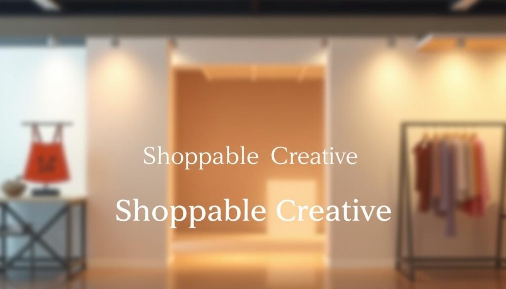 A minimalist yet captivating video frame showcasing a shoppable creative strategy. In the foreground, a product image seamlessly integrated into the visuals, inviting viewers to interact. The middle ground features clean, elegant typography highlighting the key message, "Shoppable Creative". The background is a soft, blurred gradient, creating a sense of depth and focus. Subtle cinematic lighting casts a warm, inviting glow, evoking a premium, high-converting shopping experience. The overall composition is balanced, modern, and optimized for mobile, reflecting the power of in-app social commerce.