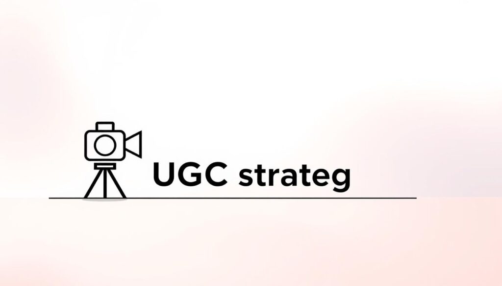 A minimalist yet impactful illustration of "UGC strategy" set against a soft, abstract background. In the foreground, a simple graphic representation of user-generated content icons - camera, speech bubble, thumbs up - arranged in a purposeful layout. The middle ground features a sleek, modern typography of the phrase "UGC strategy" in a bold, geometric font. The background is a softly blurred, gradient-based composition, evoking a sense of direction and movement. Subtle, professional lighting casts gentle shadows, adding depth and dimension to the design. The overall mood is one of clarity, strategy, and the power of user-generated content.