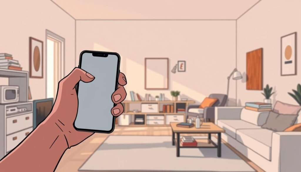 A minimalist yet impactful scene showcasing the essence of de-influencing. In the foreground, a person's hand firmly holding a smartphone, symbolizing the act of resisting social media's sway. The middle ground features a clutter-free, serene living space, devoid of ostentatious products or branded items, conveying a sense of intentional simplicity. The background is a soft, muted palette, evoking a calming, introspective mood. Warm, natural lighting casts a subtle glow, highlighting the tranquility and focus on personal authenticity. The composition emphasizes the idea of conscious consumption and the power of individual choice in defying the pressure of influencer culture.