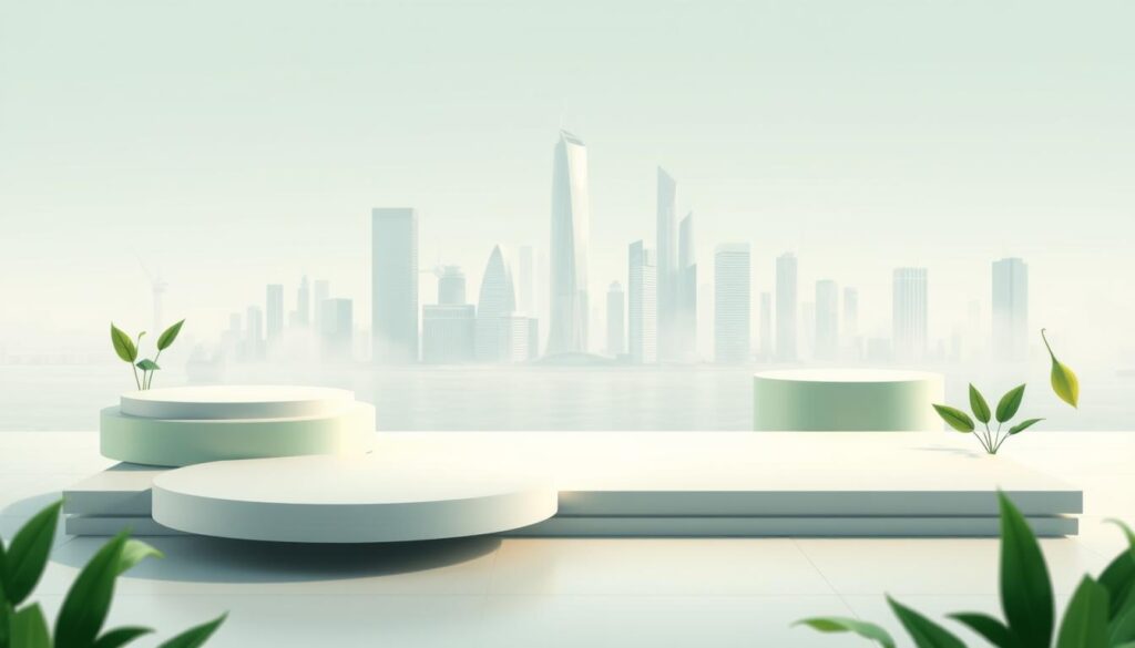 A modern and minimal platform design with clean lines and a sleek, eco-friendly aesthetic. The main foreground features a series of floating, geometric platforms in shades of green, gray, and white, arranged in a dynamic, asymmetrical layout. The middle ground showcases a futuristic, glass-and-steel cityscape in the background, with a subtle haze to convey a sense of sustainability and environmental awareness. Soft, diffused lighting illuminates the scene, creating a calm and serene atmosphere. The camera angle is slightly elevated, providing a birds-eye view to emphasize the interconnected nature of the platforms. The overall composition conveys a sense of harmony between technology and nature, reflecting the core message of the article.