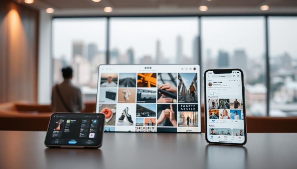 A modern digital platform with a clean, minimalist interface. In the foreground, a series of app icons and user profiles, showcasing the diverse content and social features of Xiaohongshu. The middle ground features a grid of visually striking product images and lifestyle shots, highlighting the platform's emphasis on visual storytelling. In the background, a blurred cityscape or nature scene, suggesting the platform's role in connecting users to the world around them. Soft, diffused lighting creates a warm, inviting atmosphere, while a subtle sense of depth and perspective adds depth and dimensionality to the scene.