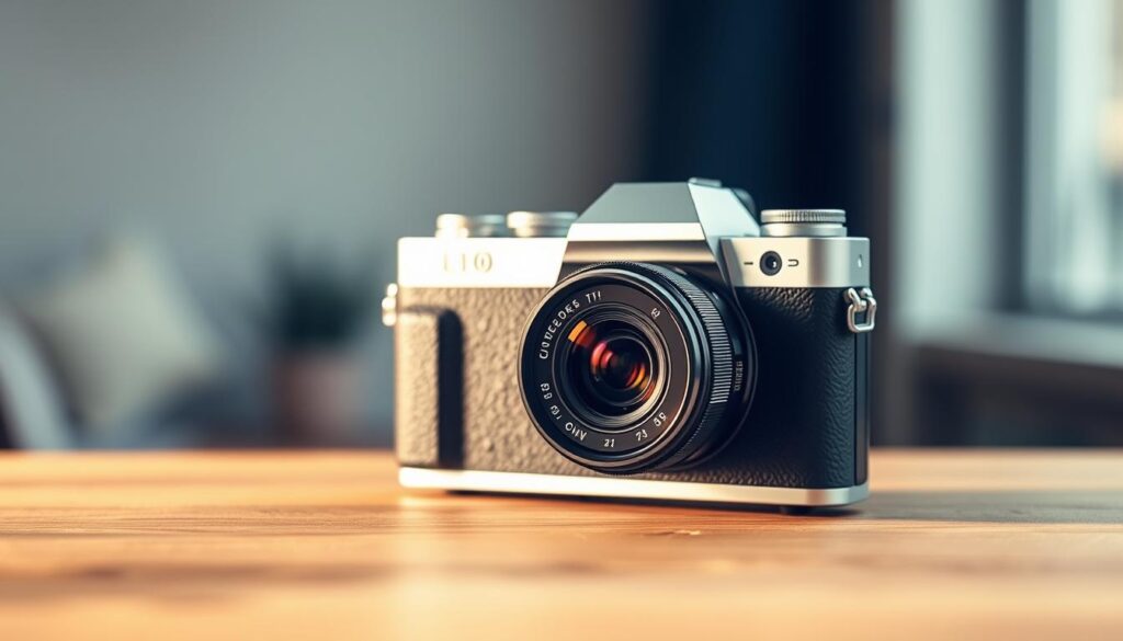 A modern, high-quality camera poised on a wooden surface, ready to capture the perfect Instagram story. The camera's sleek, minimalist design stands out against a subtly blurred background, highlighting its form and function. Soft, natural lighting casts a warm glow, emphasizing the camera's premium materials and attention to detail. The lens protrudes slightly, suggesting the camera's readiness to spring into action and immortalize the moment. The overall mood is one of anticipation and creativity, inviting the viewer to pick up the camera and start recording their own visual narrative.