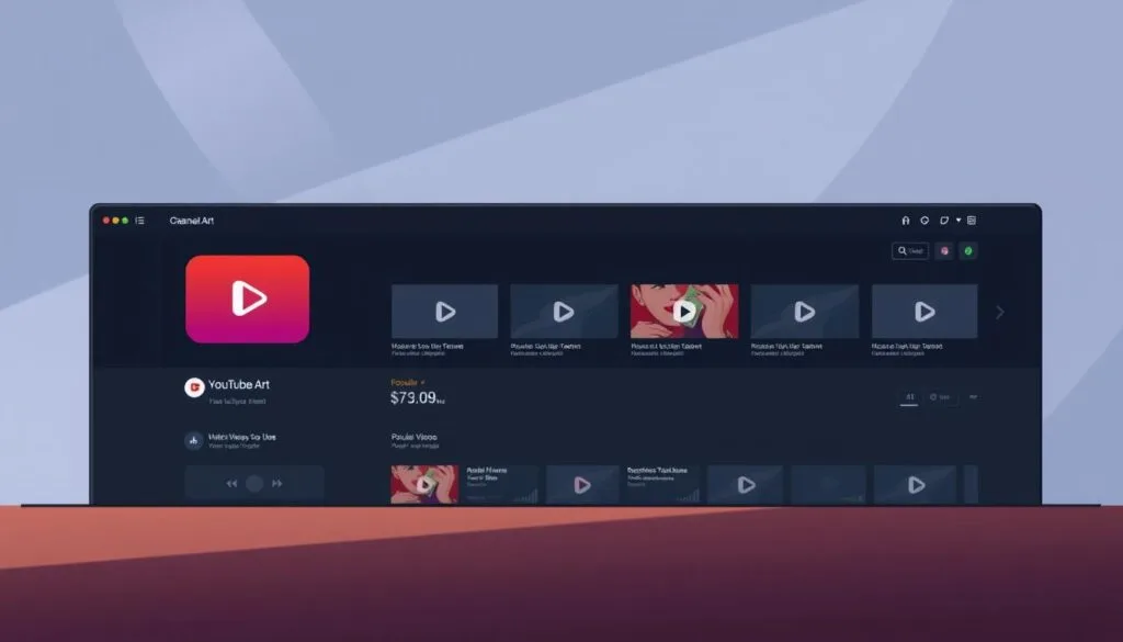 A modern, minimalist YouTube channel dashboard, with a sleek dark interface and vibrant channel art. The foreground features a central channel icon and channel name, rendered in a clean typographic style. The middle ground showcases a row of popular video thumbnails, each with a subtle play button overlay. The background depicts a subtle gradient or abstract pattern, conveying a sense of depth and digital ambiance. Lighting is soft and directional, creating depth and highlights on the interface elements. The overall mood is professional, dynamic, and focused on showcasing the channel's content and branding. A modern, minimalist YouTube channel dashboard, with a sleek dark interface and vibrant channel art. The foreground features a central channel icon and channel name, rendered in a clean typographic style. The middle ground showcases a row of popular video thumbnails, each with a subtle play button overlay. The background depicts a subtle gradient or abstract pattern, conveying a sense of depth and digital ambiance. Lighting is soft and directional, creating depth and highlights on the interface elements. The overall mood is professional, dynamic, and focused on showcasing the channel's content and branding.