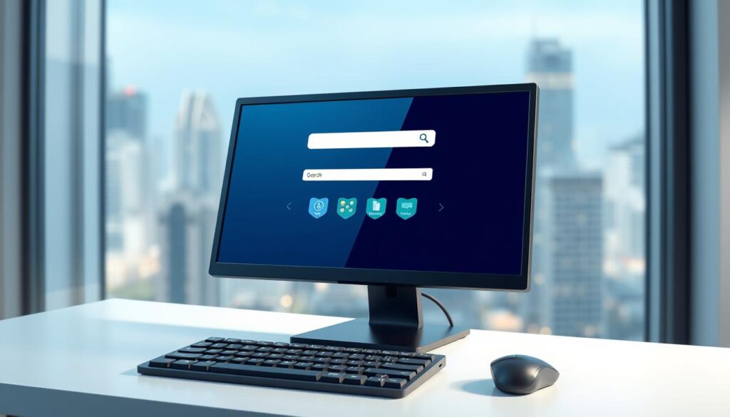 A modern, minimalist desktop setup with a sleek black computer monitor, its screen displaying a search engine interface in crisp, high-resolution detail. The monitor is placed on a white, minimalist desk, with a wireless keyboard and mouse in the foreground. Soft, directional lighting illuminates the scene, casting subtle shadows and highlighting the clean, professional aesthetic. The background is a blurred, out-of-focus cityscape, suggesting the broader context of online search and information discovery. The overall mood is one of efficiency, productivity, and the seamless integration of technology into the modern workspace.
