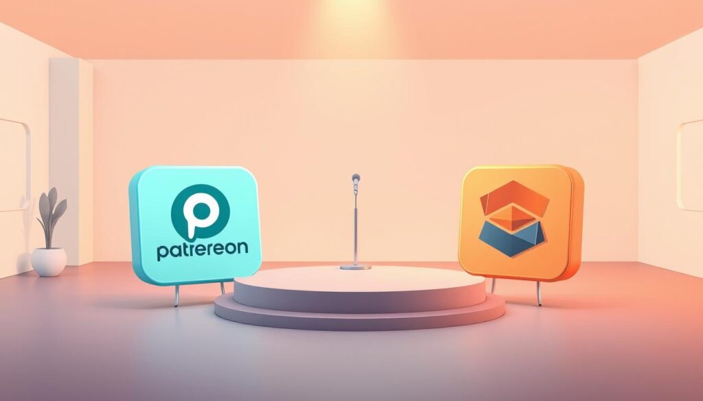 A modern, minimalist illustration showcasing a platform choice for creators. The foreground features two 3D platform icons, one labeled "Patreon" and the other "Substack", arranged side-by-side against a subtly-textured gradient background. The middle ground has a simple podium with a microphone, symbolizing the creator's stage. The background depicts a clean, airy workspace with geometric shapes and lines, conveying a sense of balance and focus. The overall aesthetic is sleek, professional, and inviting, capturing the idea of empowering creators to choose their preferred platform. Warm, directional lighting adds depth and highlights the key elements. The composition is well-balanced, drawing the viewer's attention to the central platform choice.