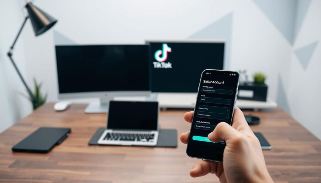 A modern, minimalist office setting with a desk, laptop, and smart devices, all in a clean, well-lit environment. The desk features a TikTok logo prominently displayed, symbolizing the focus on setting up a TikTok business account. In the foreground, a hand is shown navigating through the TikTok mobile app, showcasing the process of account creation and configuration. The background features subtle geometric shapes and patterns, creating a visually engaging and professional atmosphere. The overall mood is one of efficiency, organization, and a sense of progress towards establishing a successful TikTok business presence.
