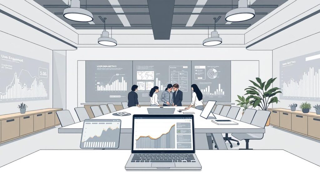 A modern, minimalist office setting with a large central table showcasing various analytics and metrics dashboards. Crisp lighting from overhead fixtures casts a professional glow. In the foreground, a laptop displays a graph tracking user engagement metrics, while in the middle ground, team members huddle around the table, discussing insights. The background features abstract data visualizations projected onto the walls, creating an atmosphere of data-driven decision-making. Neutral tones of gray, white, and wood accents convey a sense of efficiency and focus.