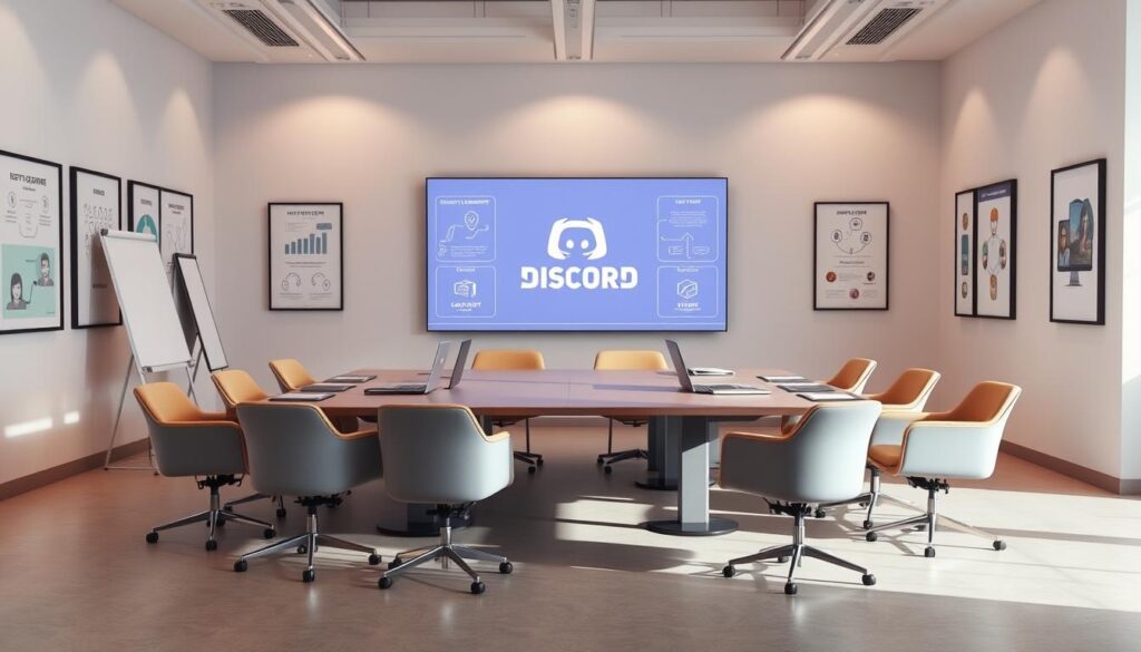 A modern, minimalist office setting with a large conference table at the center. The table is surrounded by plush office chairs and various collaborative tools like whiteboards, laptops, and a virtual video conferencing screen displaying the Discord logo. The walls are adorned with framed diagrams and infographics highlighting the different business use cases for Discord, such as community management, customer support, and employee engagement. The lighting is soft and warm, creating a professional yet approachable atmosphere. The overall composition conveys a sense of productive collaboration and the versatility of Discord as a business communication platform.