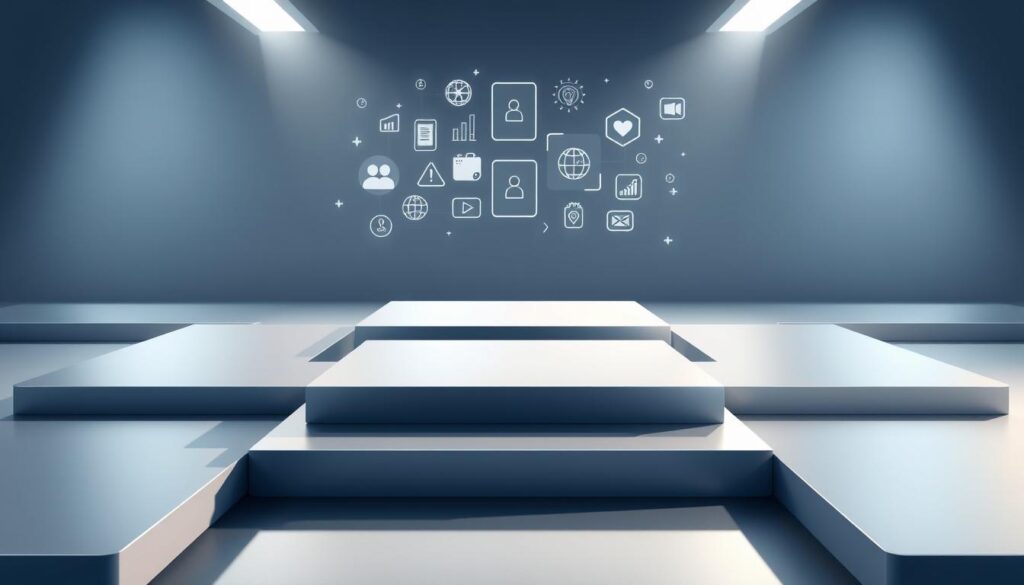 A modern, minimalist platform layout with clean geometric shapes and a sleek, high-tech aesthetic. The foreground features a series of interconnected platforms in shades of silver and steel, with smooth surfaces and sharp edges. The middle ground showcases various icons, symbols, and UI elements hovering above the platforms, creating a sense of interactivity and digital engagement. The background is a subtly lit, gradient-filled environment, suggesting a futuristic, technology-driven setting. Soft, directional lighting casts dramatic shadows, emphasizing the depth and dimensionality of the scene. The overall mood is one of innovation, efficiency, and the seamless integration of digital and physical spaces.