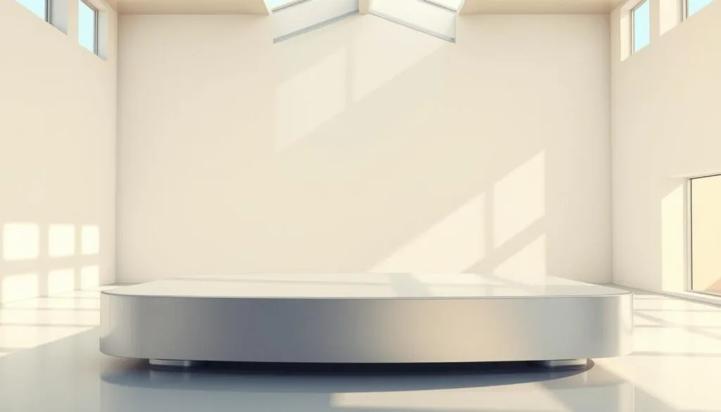 A modern, minimalist platform with a sleek, metallic surface reflecting the surrounding environment. The platform is positioned in a well-lit, airy space, with natural light filtering in from large windows or skylights, creating a sense of openness and tranquility. The platform is slightly elevated, giving it a sense of importance and prominence. The background is clean and uncluttered, allowing the platform to be the focal point of the scene. The overall mood is one of simplicity, sophistication, and functionality, conveying the idea of a versatile and accessible tool for building engagement within a micro-community.