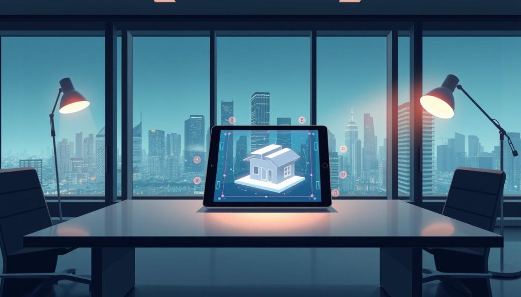 A modern office interior with a large window overlooking a bustling city skyline. On a sleek, minimalist desk, a tablet display showcases a user interacting with a virtual 3D model through intuitive hand gestures, augmented reality technology blending seamlessly with the physical environment. Subtle holographic overlays and glowing interface elements project a futuristic, yet practical ambiance. Dramatic side lighting from floor lamps casts dramatic shadows, emphasizing the depth and immersion of the AR experience. The overall scene conveys a sense of technological innovation and workflow efficiency.