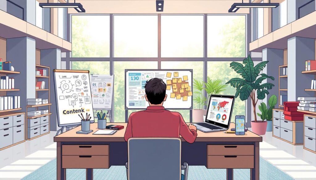 A modern office setting with a large desk, laptop, and various office supplies. In the foreground, a person is carefully reviewing and selecting content from a variety of digital sources displayed on the laptop screen. The middle ground features a whiteboard with brainstormed ideas and a corkboard with sticky notes, reflecting the iterative process of content curation. The background showcases floor-to-ceiling windows, allowing natural light to flood the space and create a bright, airy atmosphere. The scene conveys a sense of focused, analytical decision-making, as the content creator navigates the wealth of digital information to curate the most valuable and engaging content for their audience.