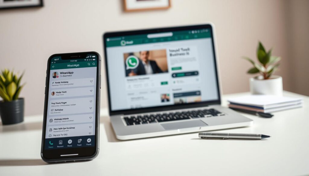 A modern, professional business profile setup with a clean, minimalist design. Foreground features a sleek smartphone display showcasing a neatly organized WhatsApp Business chat interface. Middle ground has a laptop computer with a well-designed profile page, complemented by office supplies like a pen, notebook, and plant. Background has a simple, neutral-toned wall with subtle wall art. Lighting is bright and natural, creating a warm, productive atmosphere. The camera angle is slightly angled to capture the setup from an eye-level perspective, conveying a sense of professionalism and attention to detail.