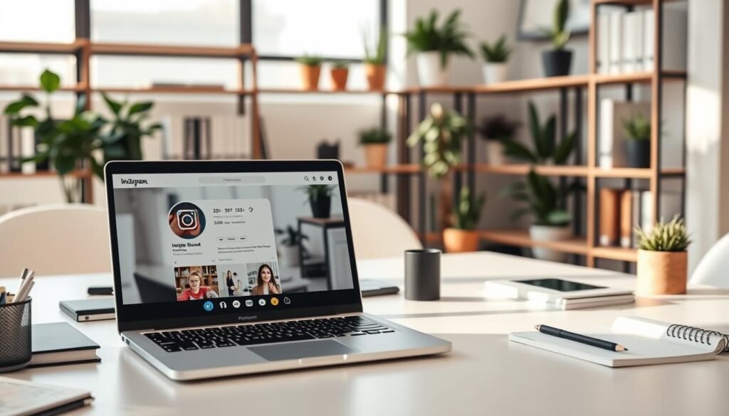 A modern, professional-looking office interior with an Instagram app displayed prominently on a laptop screen. The laptop sits on a minimalist desk, surrounded by various office supplies and accessories. Soft, natural lighting illuminates the scene, creating a warm and productive atmosphere. In the background, shelves lined with business books and potted plants add a touch of sophistication. The overall composition conveys the power and versatility of Instagram's business features, seamlessly integrated into a thriving work environment.