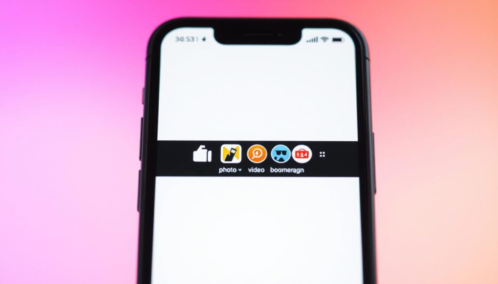 A modern, sleek Instagram Stories interface. In the foreground, a smartphone screen displays the signature Instagram Stories frame with its simple, minimalist design - a clean white background and rounded corners. The middle layer features a collection of dynamic, colorful story icons, representing the various media types (photo, video, boomerang, etc.) that can be posted. In the background, a soft, blurred gradient of the Instagram brand colors (pink, purple, orange) creates a visually appealing and on-brand atmosphere. The lighting is natural and diffused, giving the scene a warm, inviting feel. The camera angle is slightly elevated, providing an overview of the interface and creating a sense of user-friendliness and accessibility.