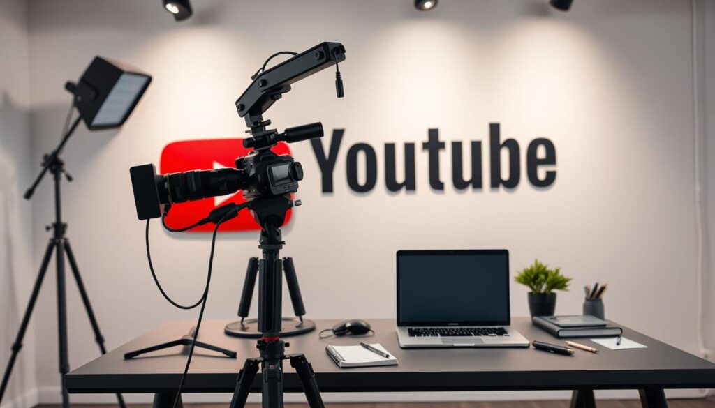 A modern, sleek YouTube studio with a professional desk setup, including a high-quality camera, lighting, and microphone. The background features a minimalist, light-colored wall with a large, eye-catching YouTube logo. The desk is adorned with a laptop, a notebook, and various productivity tools, conveying a sense of focus and organization. The lighting is bright and evenly distributed, creating a welcoming and inviting atmosphere. The camera is positioned at a slightly elevated angle, capturing the scene in a dynamic and engaging manner. Overall, the image conveys a vision of a well-equipped, goal-oriented YouTube channel that is poised for success.