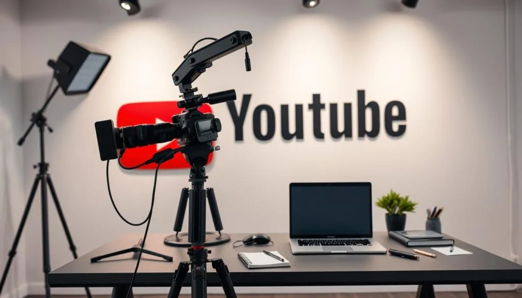 A modern, sleek YouTube studio with a professional desk setup, including a high-quality camera, lighting, and microphone. The background features a minimalist, light-colored wall with a large, eye-catching YouTube logo. The desk is adorned with a laptop, a notebook, and various productivity tools, conveying a sense of focus and organization. The lighting is bright and evenly distributed, creating a welcoming and inviting atmosphere. The camera is positioned at a slightly elevated angle, capturing the scene in a dynamic and engaging manner. Overall, the image conveys a vision of a well-equipped, goal-oriented YouTube channel that is poised for success.