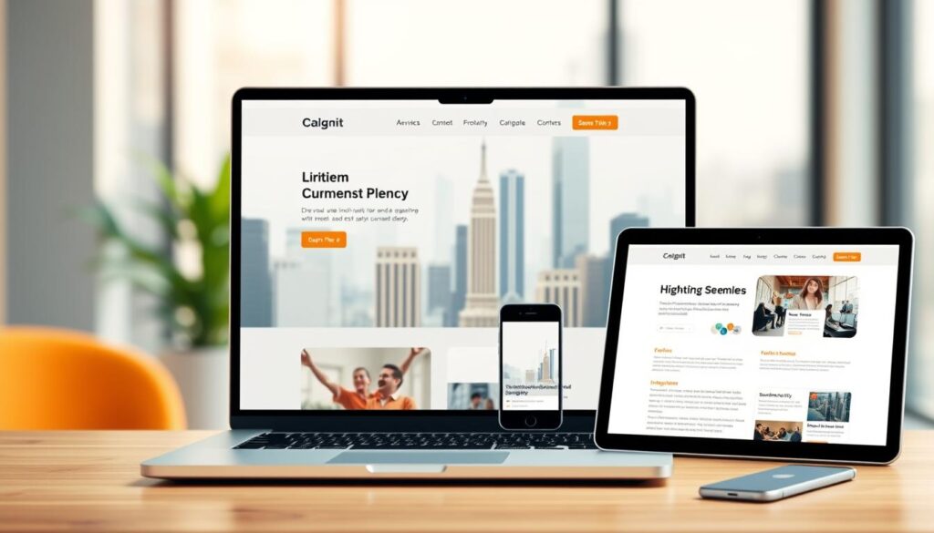 A modern, sleek user interface with a clean, minimalist design. In the foreground, a laptop or desktop computer displays a visually appealing and intuitive web page, showcasing crisp typography, high-quality imagery, and seamless interactive elements. The middle ground features various devices, such as a smartphone and tablet, all demonstrating consistent and responsive design across platforms. In the background, a softly blurred cityscape or office environment suggests a professional, productive setting. The lighting is natural and diffused, creating a warm, inviting atmosphere. The overall scene conveys a sense of effortless usability, exceptional user experience, and strong alignment with current web design best practices.