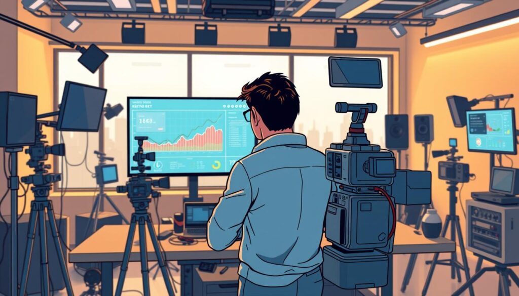 A modern, well-equipped video production studio with advanced camera equipment and measurement tools. In the foreground, a professional videographer meticulously analyzes video performance metrics on a high-resolution display, surrounded by a tidy workspace filled with cables, cameras, and other video production gear. The middle ground features a soft, diffused lighting setup, creating a warm, focused atmosphere for detailed analysis. In the background, a large window overlooks a cityscape, suggesting a sense of progress and technological advancement. The overall scene conveys a thoughtful, analytical approach to optimizing video performance for maximum engagement.