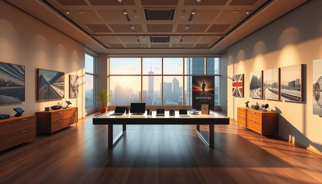 A modern, well-lit showroom with a photorealistic virtual interior. A central display table showcases various products, their 3D models appearing to rest on the surface as if physically present. The room is bathed in warm, directional lighting, casting soft shadows that enhance the depth and tangibility of the virtual elements. Surrounding the display, high-quality digital artwork and lifestyle imagery adorn the walls, creating an immersive, gallery-like atmosphere. Expansive windows provide a view of a contemporary urban landscape, blending the virtual and physical realms seamlessly. The overall scene conveys a sense of sophisticated technology, elevated design, and a compelling "try-before-you-buy" shopping experience.