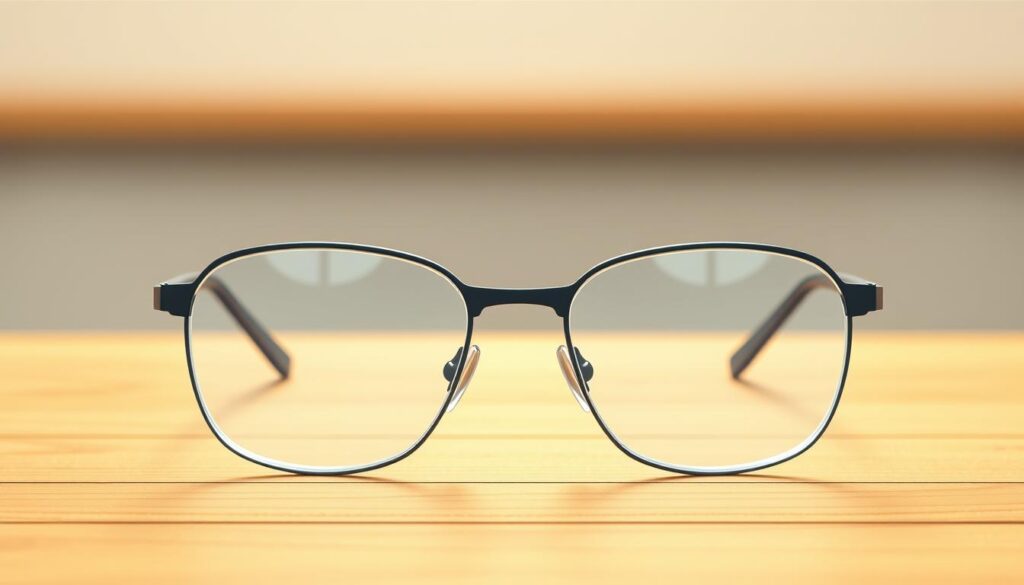 A pair of sleek, modern comfort lenses rests on a minimalist wooden table. The lenses are crafted with precision, their curved edges and smooth surfaces catching the warm, indirect lighting from above. In the foreground, the lenses appear to float, their transparency and clarity emphasizing the delicate balance between form and function. The middle ground features a simple, yet elegant frame design, its clean lines and subtle details complementing the lenses. The background is softly blurred, allowing the viewer to focus on the central elements and appreciate the thoughtful engineering behind this comfortable, everyday accessory.