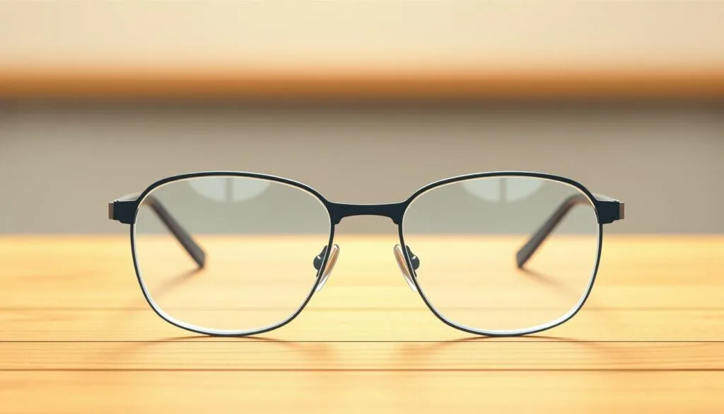 A pair of sleek, modern comfort lenses rests on a minimalist wooden table. The lenses are crafted with precision, their curved edges and smooth surfaces catching the warm, indirect lighting from above. In the foreground, the lenses appear to float, their transparency and clarity emphasizing the delicate balance between form and function. The middle ground features a simple, yet elegant frame design, its clean lines and subtle details complementing the lenses. The background is softly blurred, allowing the viewer to focus on the central elements and appreciate the thoughtful engineering behind this comfortable, everyday accessory.