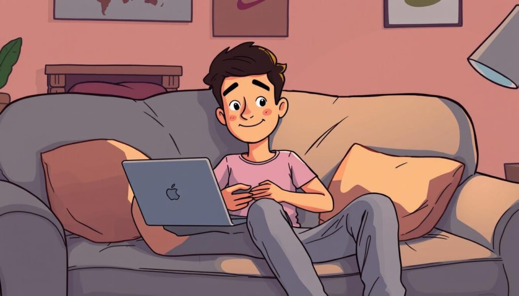 A person casually lounging on a couch, using a laptop or tablet. The setting is a cozy, lived-in living room, with warm lighting and soft textures. The person is relaxed, their expression natural and unposed, suggesting an authentic moment captured. The room is slightly messy, with small imperfections like mismatched pillows or a stray item on the floor, conveying a sense of comfort and realness. The overall mood is one of genuine, unpretentious connection, reflecting the section's focus on authentic brand and influencer engagement.