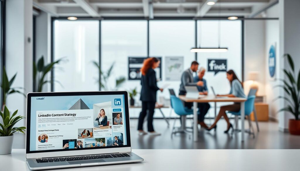A professional LinkedIn content strategy with a clean, modern aesthetic. In the foreground, a well-curated LinkedIn company page showcasing the brand's visual identity and key offerings. In the middle ground, a team of professionals collaborating on content creation, strategizing engagement, and analyzing performance metrics. The background features a minimalist workspace with large windows, soft lighting, and subtle branding elements. The overall mood is one of focused productivity, creativity, and a data-driven approach to building a strong LinkedIn presence that attracts top talent and valuable leads.