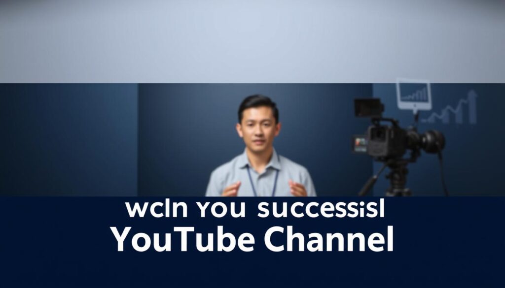 A professional-looking YouTube channel banner showcasing a sleek, modern design. The foreground features a sophisticated color palette of navy blue and gold, with a clean, minimalist layout. In the middle ground, a high-quality, studio-shot image of a person confidently presenting or speaking, conveying an air of authority and expertise. The background subtly incorporates visual elements that reflect the topic of launching a successful YouTube channel, such as video equipment, social media icons, or stylized data visualizations. The lighting is soft and directional, creating depth and highlighting the subject. The overall composition and aesthetic exude a sense of professionalism, trustworthiness, and digital-savvy that would appeal to the target audience.
