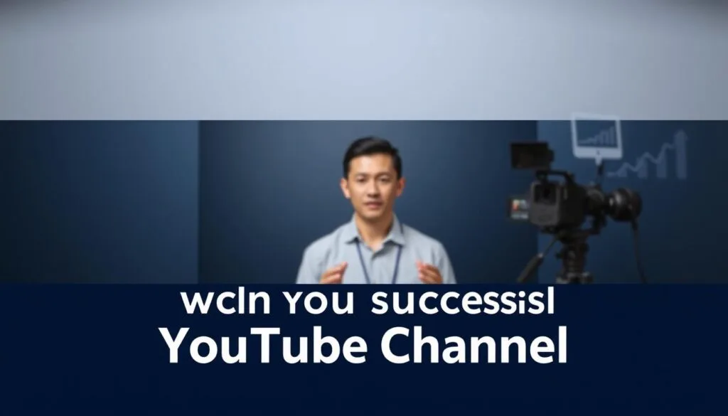 A professional-looking YouTube channel banner showcasing a sleek, modern design. The foreground features a sophisticated color palette of navy blue and gold, with a clean, minimalist layout. In the middle ground, a high-quality, studio-shot image of a person confidently presenting or speaking, conveying an air of authority and expertise. The background subtly incorporates visual elements that reflect the topic of launching a successful YouTube channel, such as video equipment, social media icons, or stylized data visualizations. The lighting is soft and directional, creating depth and highlighting the subject. The overall composition and aesthetic exude a sense of professionalism, trustworthiness, and digital-savvy that would appeal to the target audience.