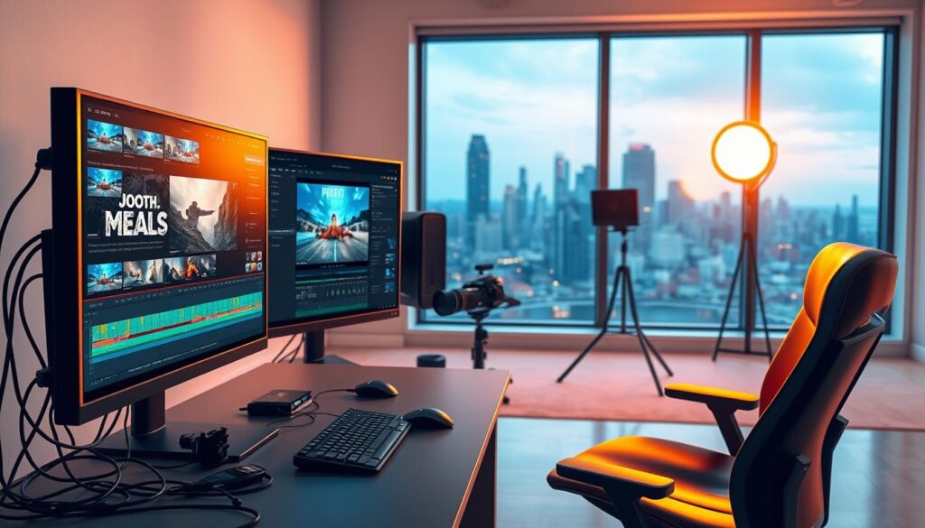 A professional video editor's workspace, bathed in warm, focused lighting. In the foreground, a sleek, high-end desktop computer with multiple displays showcasing industry-standard video editing software, the cursor precisely manipulating a timeline of dynamic video clips. Cables neatly organized, a DSLR camera and microphone nearby, ready to capture the next cinematic shot. In the middle ground, a swivel chair and ergonomic desk setup, optimized for long hours of meticulous editing. The background reveals a minimalist, modern studio environment, clean lines, and a large window offering a glimpse of the vibrant city skyline beyond, a testament to the creative possibilities unlocked by advanced video editing tools.