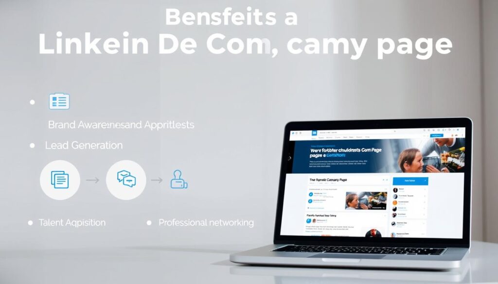 A professional, well-lit, close-up photograph of the key benefits of a LinkedIn company page, such as brand awareness, lead generation, talent acquisition, and professional networking. The foreground features sleek icons or illustrations representing these benefits, arranged in a visually appealing layout. The middle ground shows a laptop or mobile device displaying a sample LinkedIn company page. The background has a clean, minimalist design with soft, neutral tones to keep the focus on the key features. The overall mood is modern, informative, and compelling, encouraging the viewer to consider the advantages of establishing a strong LinkedIn presence for their business.