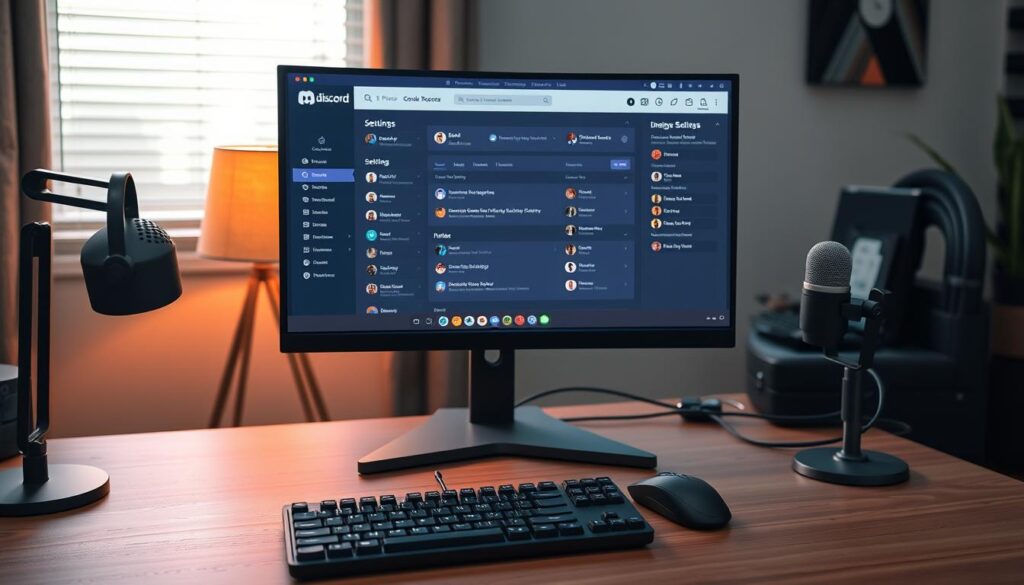A professional, well-lit home office setup with a sleek, modern Discord server management interface displayed on a large monitor. The foreground features a ergonomic desk with a mechanical keyboard, wireless mouse, and a high-quality microphone. The middle ground showcases the Discord app, with various server settings, channels, and user avatars. The background subtly blends warm and cool lighting, creating a focused yet inviting atmosphere for effective online community management.