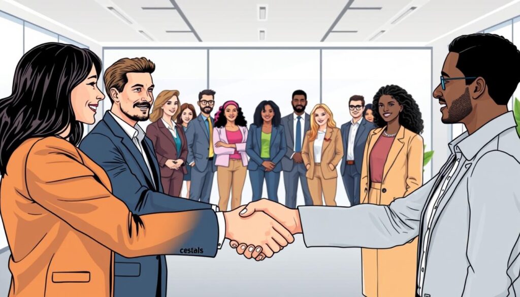 A professional, well-lit photograph of a group of diverse individuals representing various brand values and attributes. The foreground features three people in business attire shaking hands, conveying a sense of trust, collaboration, and shared purpose. The middle ground showcases a diverse team of individuals, each embodying a different brand value such as innovation, sustainability, or inclusivity, through their attire and body language. The background is a modern, minimalist office setting with clean lines and natural lighting, creating a calm and aspirational atmosphere. The overall composition and lighting work together to convey a strong, cohesive brand identity that aligns with the article's subject and section title.