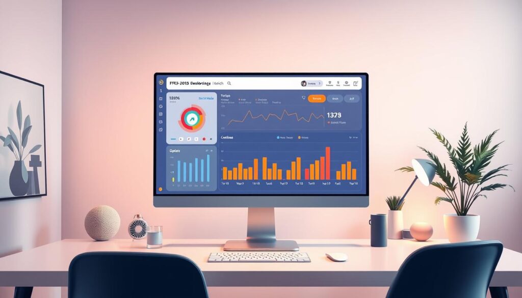 A professional, well-lit studio shot showcasing a data visualization dashboard with performance metrics from various social media platforms. The dashboard is displayed on a large, high-resolution screen, surrounded by a minimalist workspace with a sleek computer setup and abstract office decor. The image has a clean, modern aesthetic with warm, directional lighting highlighting the screen's clarity and the seamless integration of the digital and physical elements. The overall composition conveys a sense of analytical focus, operational efficiency, and the ability to holistically measure and optimize influencer marketing efforts across channels.