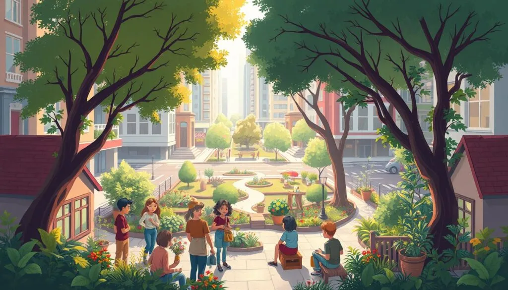 A quaint and intimate micro-community nestled within a vibrant urban landscape. In the foreground, a cozy group of neighbors gathered around a shared garden, tending to their plants and chatting animatedly. The middle ground reveals a charming courtyard, with whimsical pathways and seating areas that encourage casual interaction. In the background, modern high-rises and bustling streets create a subtle contrast, highlighting the micro-community's insular, yet connected nature. Soft, natural lighting filters through the trees, casting a warm, welcoming glow. The overall atmosphere exudes a sense of belonging, comfort, and close-knit camaraderie, distinct from the larger surrounding community.